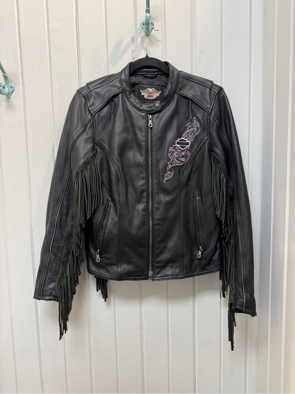 Harley-Davidson Black Leather Fringe Jacket with Purple Embroidery